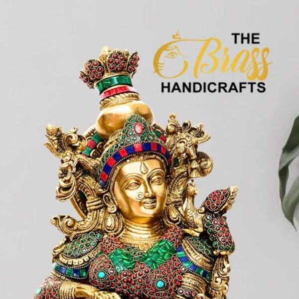 Handmade Radha Krishna Brass Idol Playing Flute Brass Idol with mosaic Stone work, Radha Krishna in divine pose for home decor, temple decor - Image 3