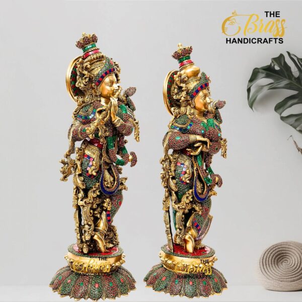 Handmade Radha Krishna Brass Idol Playing Flute Brass Idol with mosaic Stone work, Radha Krishna in divine pose for home decor, temple decor - Image 4
