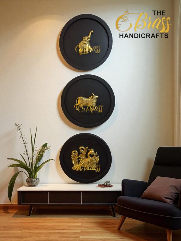 Brass Wall Decor Motifs, Wooden Wall round frames with Brass Items for wall decor, home decor, office decor, living room decoration set of 9 - Image 2