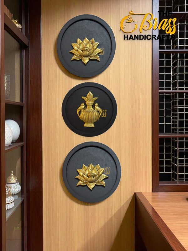 Brass Wall Decor Motifs, Wooden Wall round frames with Brass Items for wall decor, home decor, office decor, living room decoration set of 9