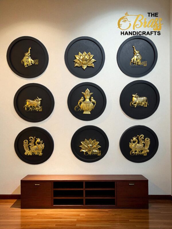 Brass Wall Decor Motifs, Wooden Wall round frames with Brass Items for wall decor, home decor, office decor, living room decoration set of 9