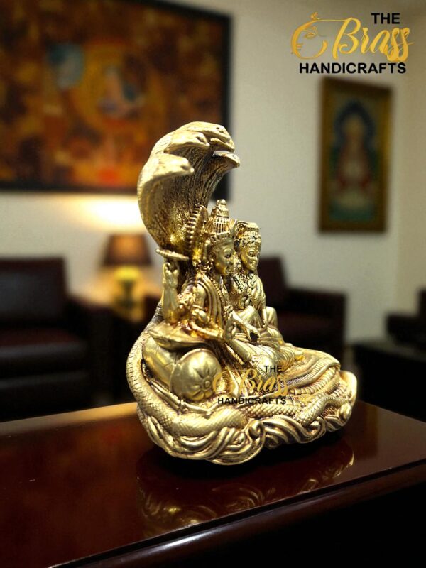 Brass vishnu lakshmi statue on sheshnag lost wax casting superfine work and light weight statue, for temple decor, home decor & office decor - Image 3