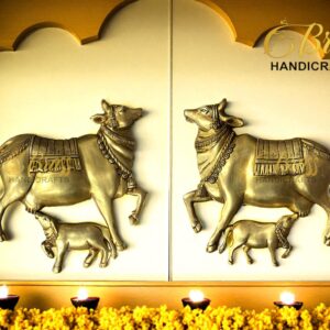 Brass Cow and Calf Wall Hanging Pair | Sacred Nandi Kamdhenu Wall Art | Traditional Indian Home Decor | Temple & Office Wall Decor | Handcrafted Brass Wall Sculpture