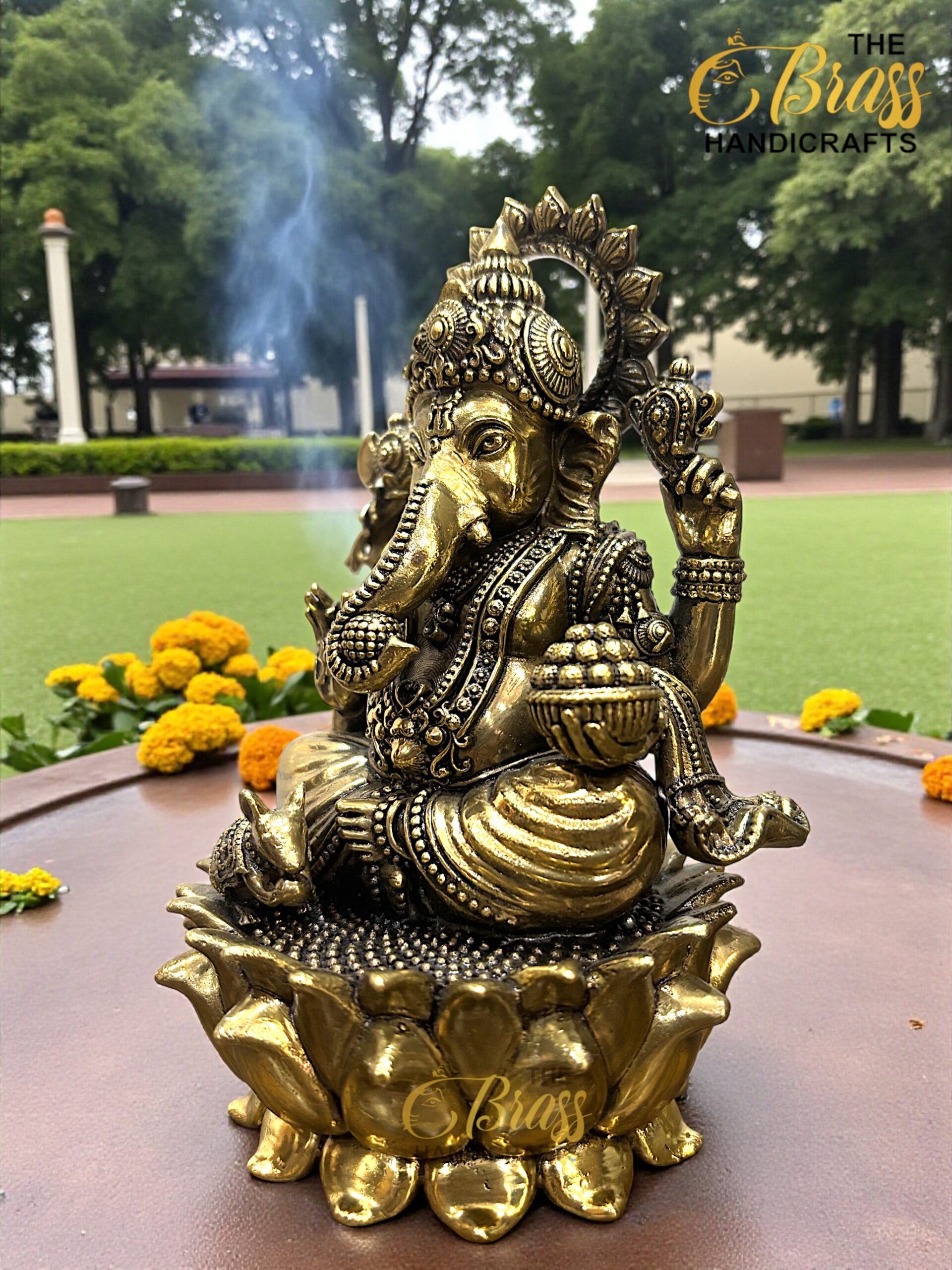 Brass Ganesha & Lakshmi Statues on Lotus | 6" Hindu God Goddess Idols | Brass Ganesha Laxmi Pair for Home Temple Office Decor & Gifting