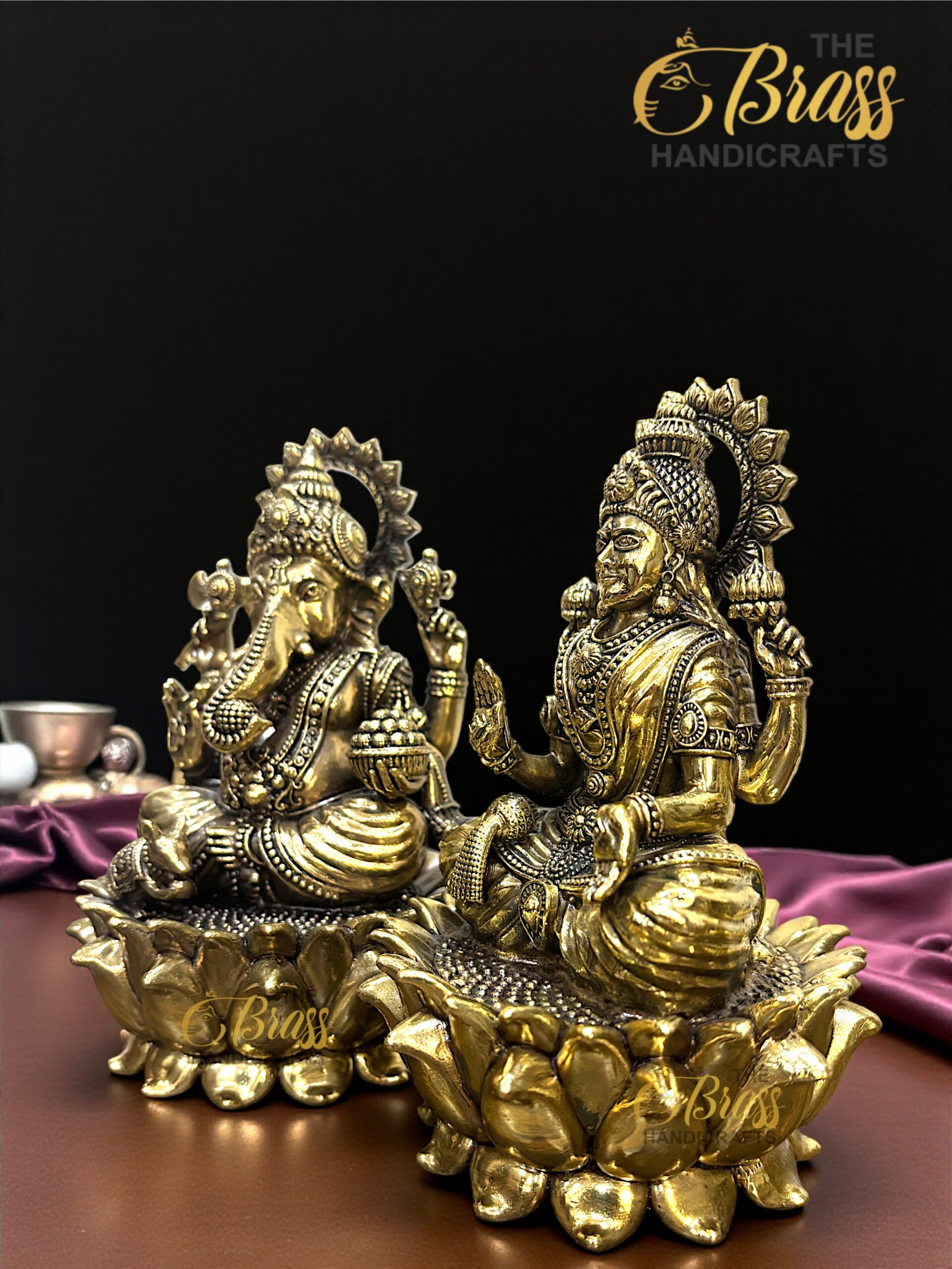 Brass Ganesha & Lakshmi Statues on Lotus | 6" Hindu God Goddess Idols | Brass Ganesha Laxmi Pair for Home Temple Office Decor & Gifting