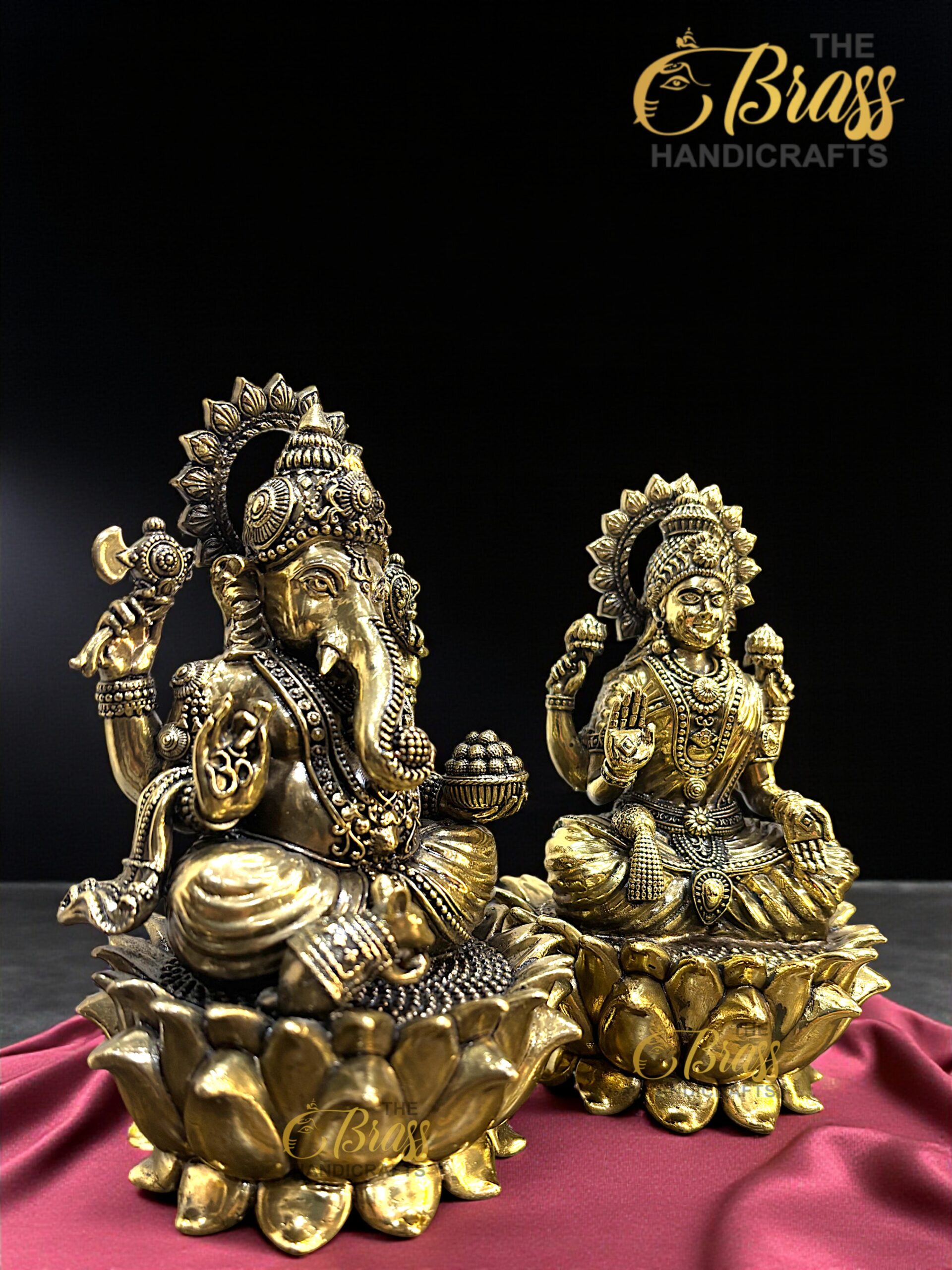 Brass Ganesha & Lakshmi Statues on Lotus | 6" Hindu God Goddess Idols | Brass Ganesha Laxmi Pair for Home Temple Office Decor & Gifting