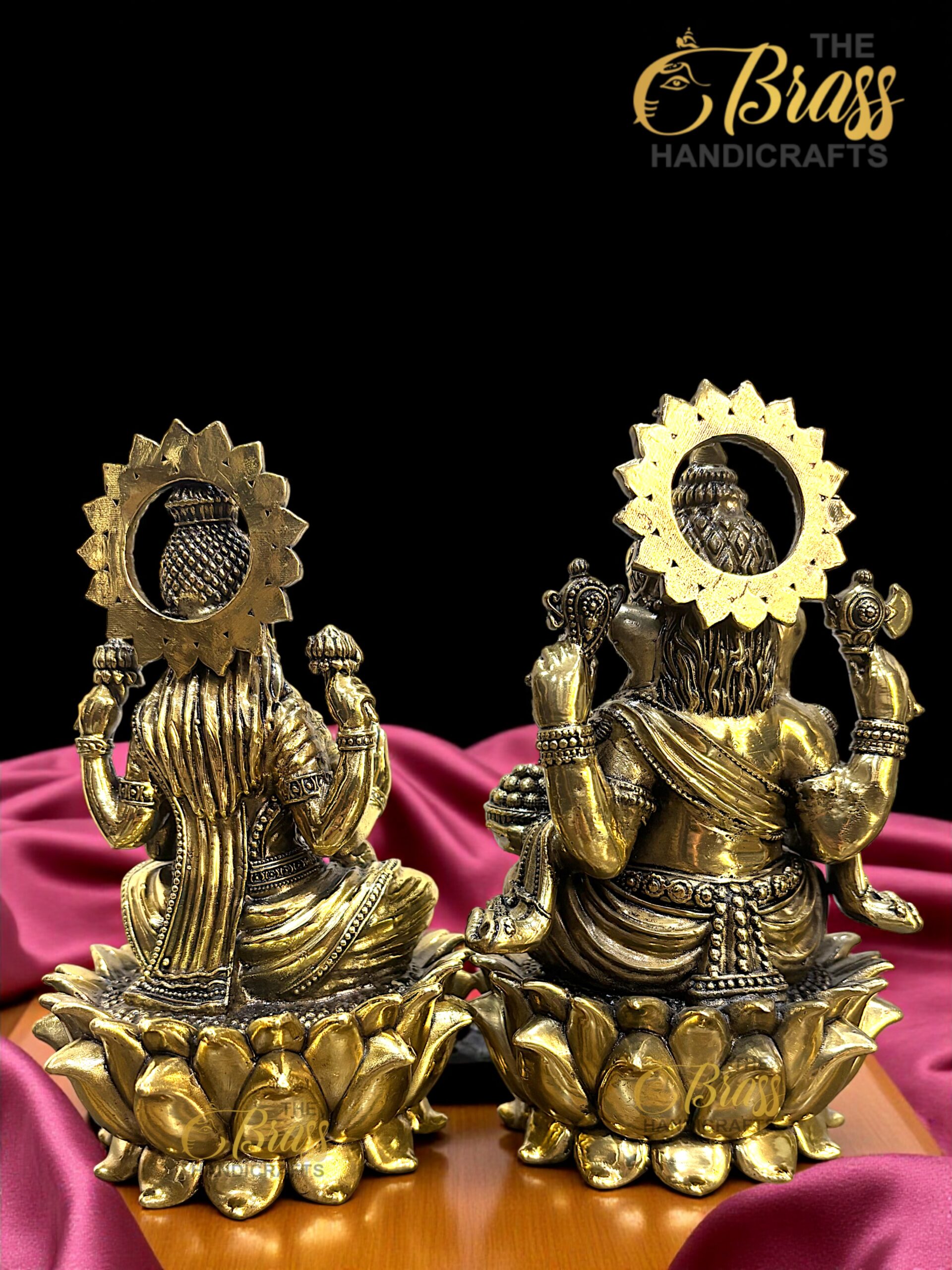 Brass Ganesha & Lakshmi Statues on Lotus | 6" Hindu God Goddess Idols | Brass Ganesha Laxmi Pair for Home Temple Office Decor & Gifting
