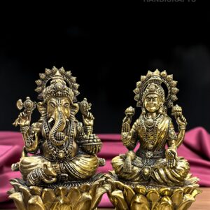 Brass Ganesha & Lakshmi Statues on Lotus | 6" Hindu God Goddess Idols | Brass Ganesha Laxmi Pair for Home Temple Office Decor & Gifting
