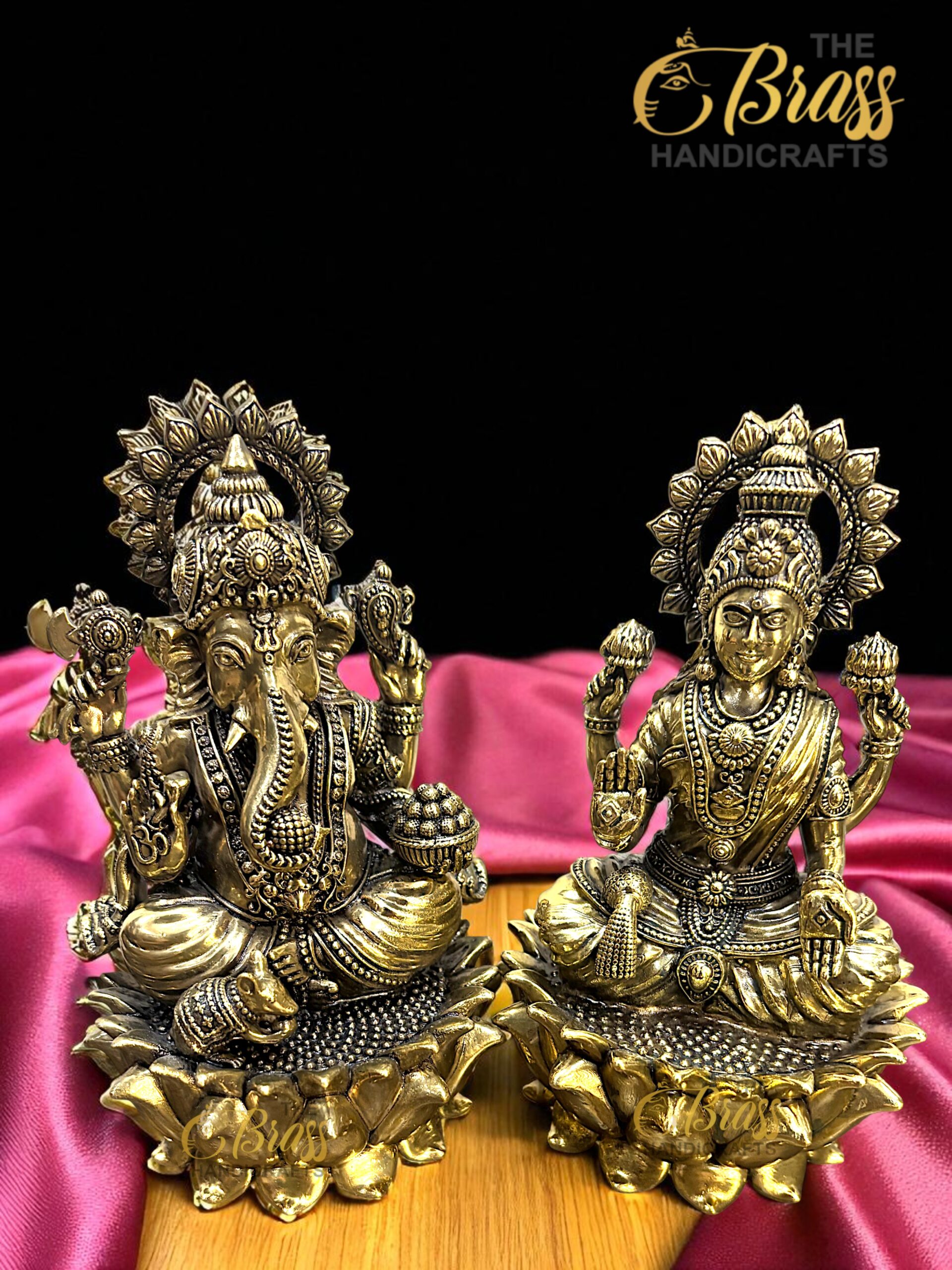 Brass Ganesha & Lakshmi Statues on Lotus | 6" Hindu God Goddess Idols | Brass Ganesha Laxmi Pair for Home Temple Office Decor & Gifting