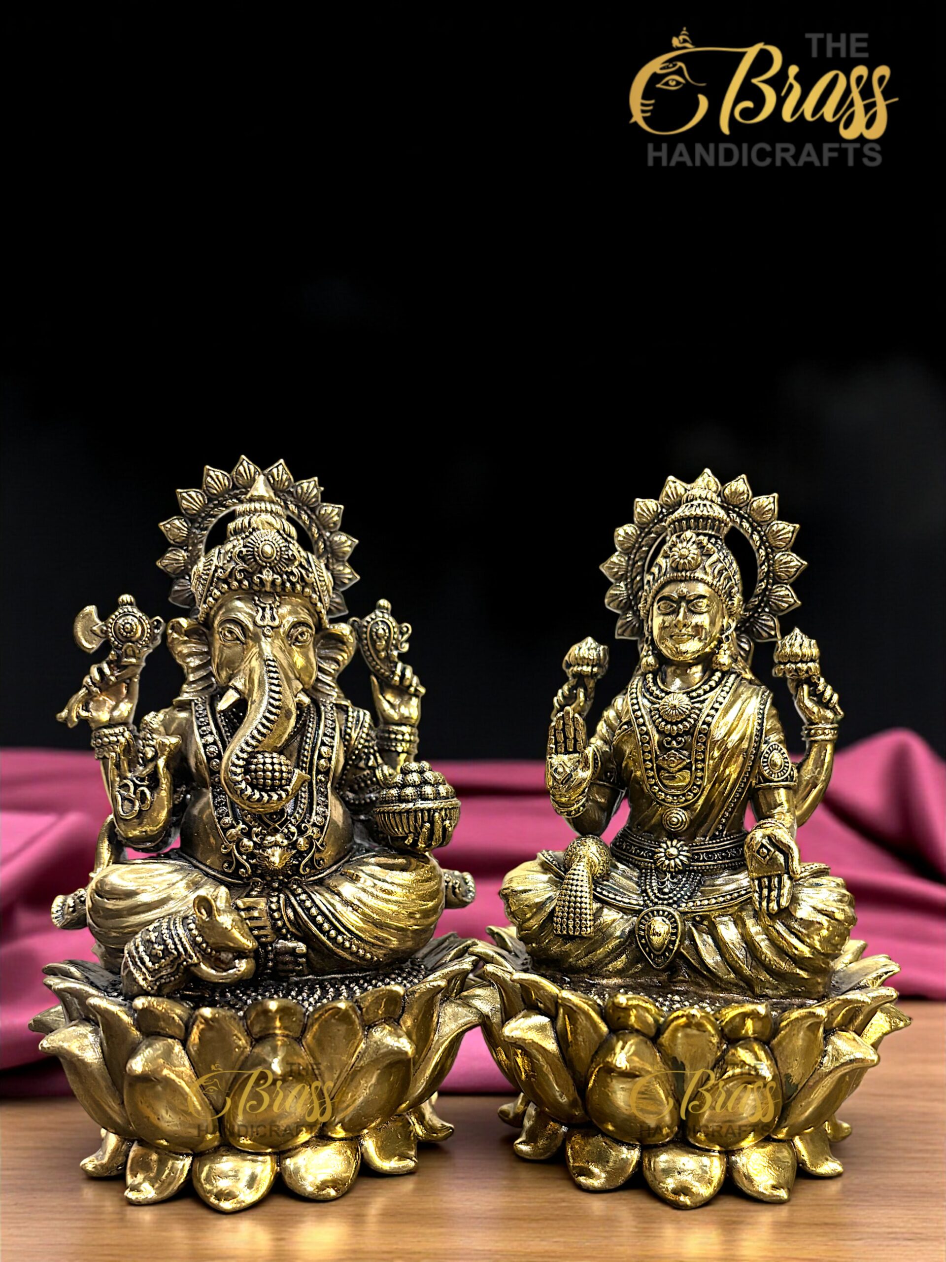Brass Ganesha & Lakshmi Statues on Lotus | 6" Hindu God Goddess Idols | Brass Ganesha Laxmi Pair for Home Temple Office Decor & Gifting