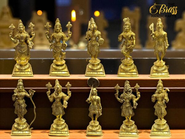 Brass Vishnu Dashavatar Set of 10 | 13" Superfine Hindu Deity Idols | Gold Antique Finish | Vishnu Dashavatar Statues for Temple & Home Decor