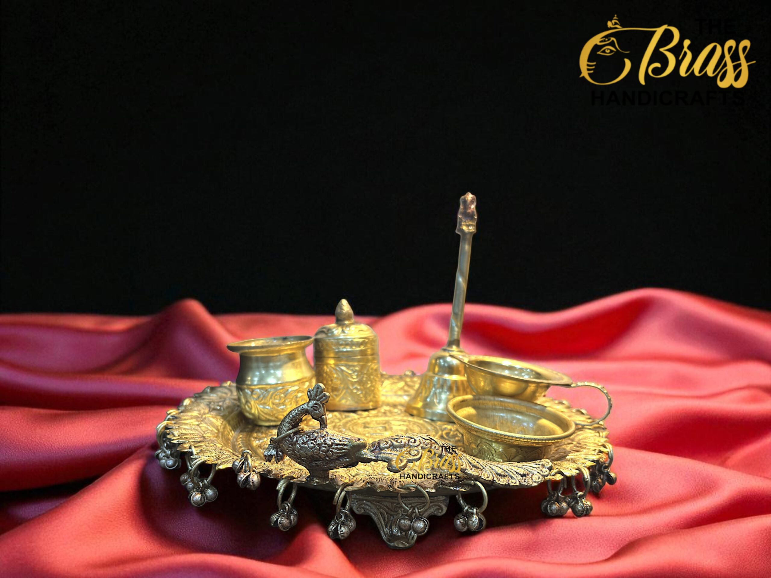 Brass Puja Thali Set | 6-Piece Puja Plate with Diya, Bell, Kalash & Katori | Traditional Hindu Pooja Thali for Home Temple & Wedding Rituals