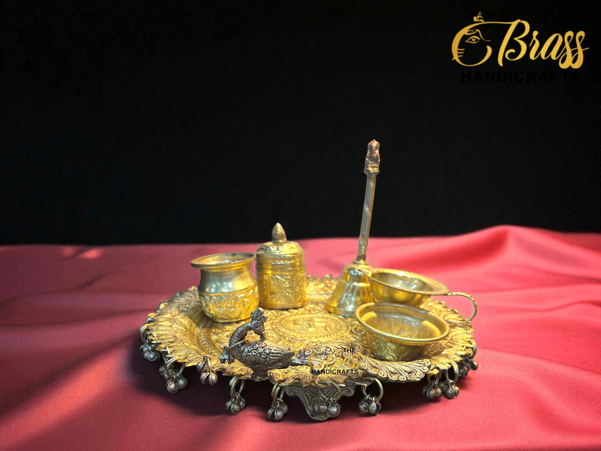 Brass Puja Thali Set | 6-Piece Puja Plate with Diya, Bell, Kalash & Katori | Traditional Hindu Pooja Thali for Home Temple & Wedding Rituals