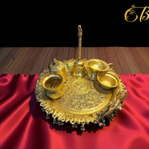 Brass Puja Thali Set | 6-Piece Puja Plate with Diya, Bell, Kalash & Katori | Traditional Hindu Pooja Thali for Home Temple & Wedding Rituals