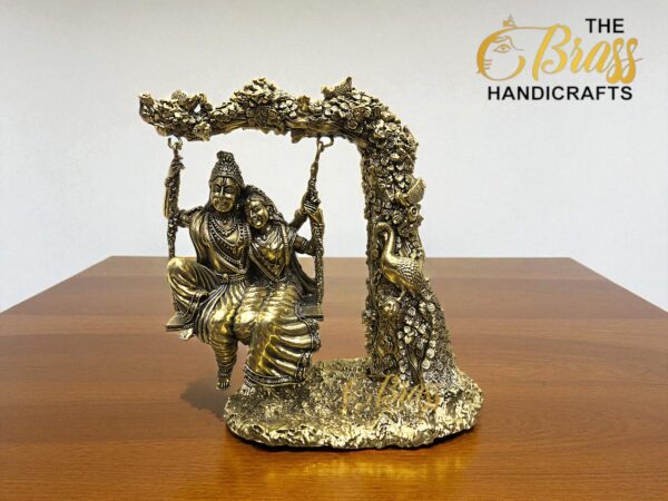 Pure Brass Radha Krishna on Swing | 3D Jhula Design | Intricately Handcrafted Krishna Radha Statue for Home Decor, Pooja Room & Office Decor | Brass Love Sculpture