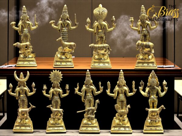 Large Brass Navagraha Statues Set of 9 | Pure Brass Nine Planets Idols | Vastu & Astrological Deities for Temple, Home & Pooja Room Decor | Heavy Antique Finish Brass Art