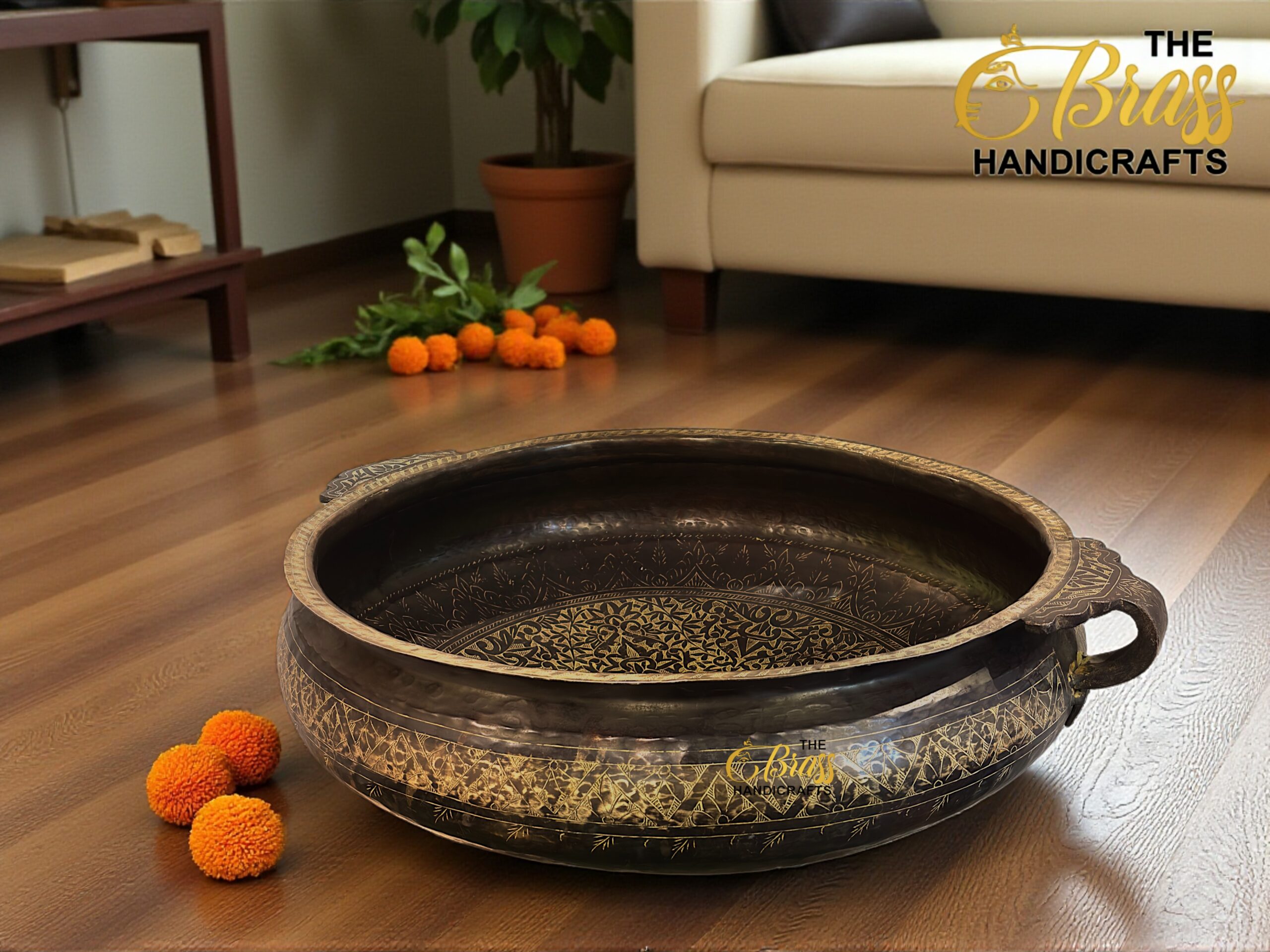 Large Brass Kerala Urli Pond | Handcrafted Antique Black Finish Urli | Intricately Carved Heavy Brass Bowl for Home & Office Decor | Traditional Indian Urli - Image 3
