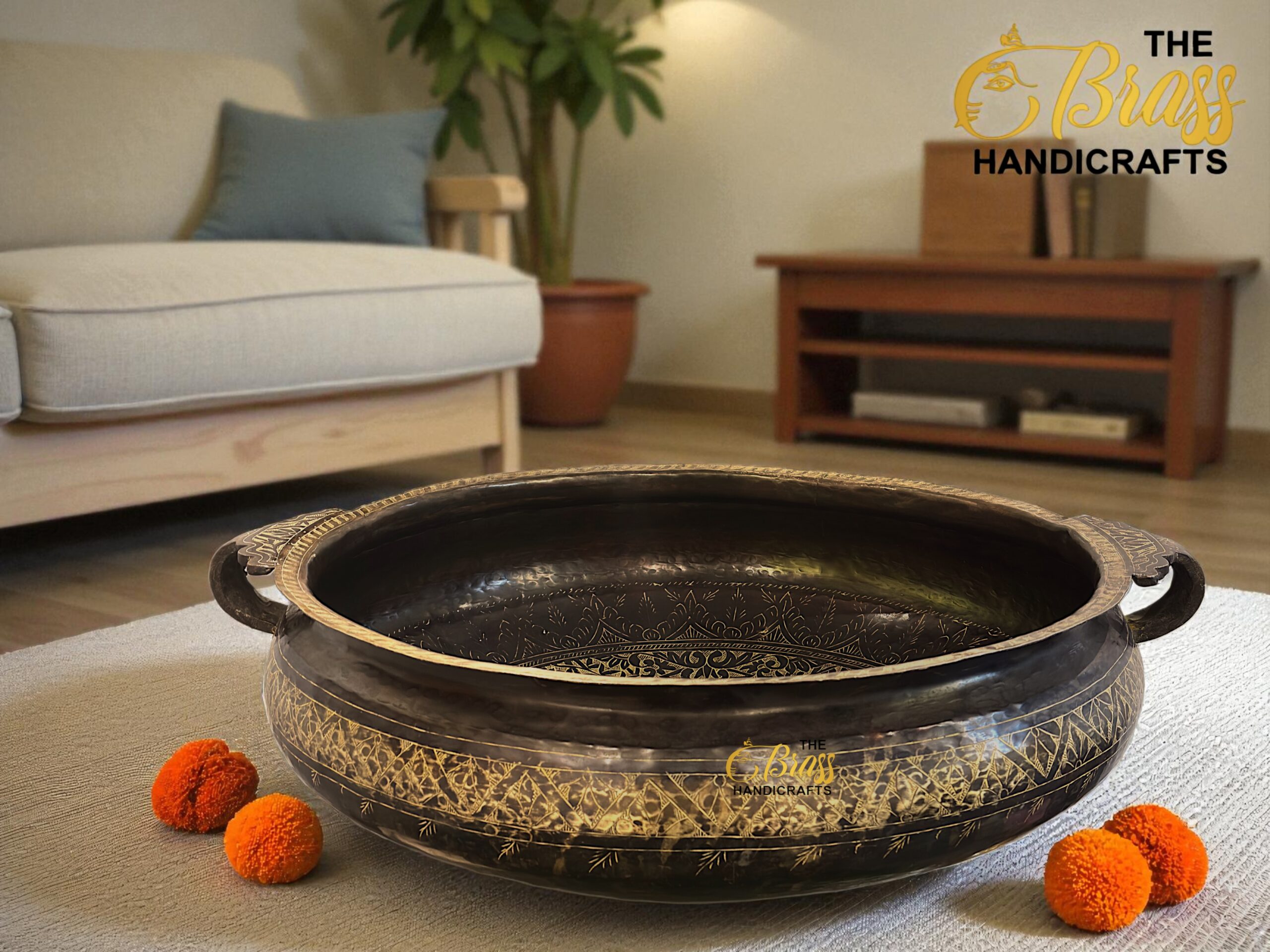 Large Brass Kerala Urli Pond | Handcrafted Antique Black Finish Urli | Intricately Carved Heavy Brass Bowl for Home & Office Decor | Traditional Indian Urli - Image 4