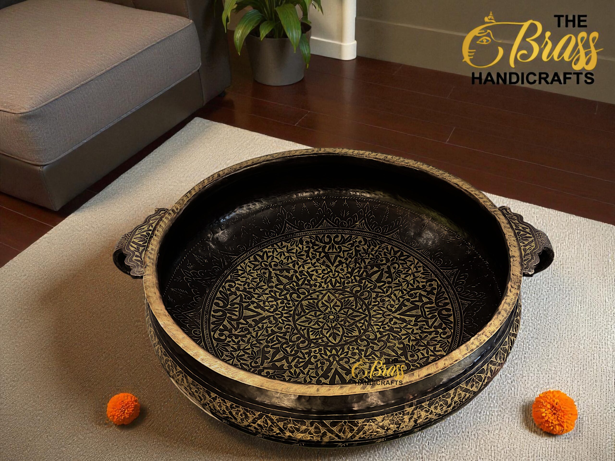 Large Brass Kerala Urli Pond | Handcrafted Antique Black Finish Urli | Intricately Carved Heavy Brass Bowl for Home & Office Decor | Traditional Indian Urli
