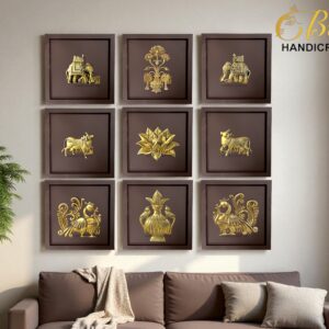 Set of 9 Brass Motifs on Wooden Frames | 3D Brass Wall Art | Elegant Wooden Wall Decor for Home & Office | Handcrafted Brass & Wood Wall Hanging Panels | Indian Luxury Decor