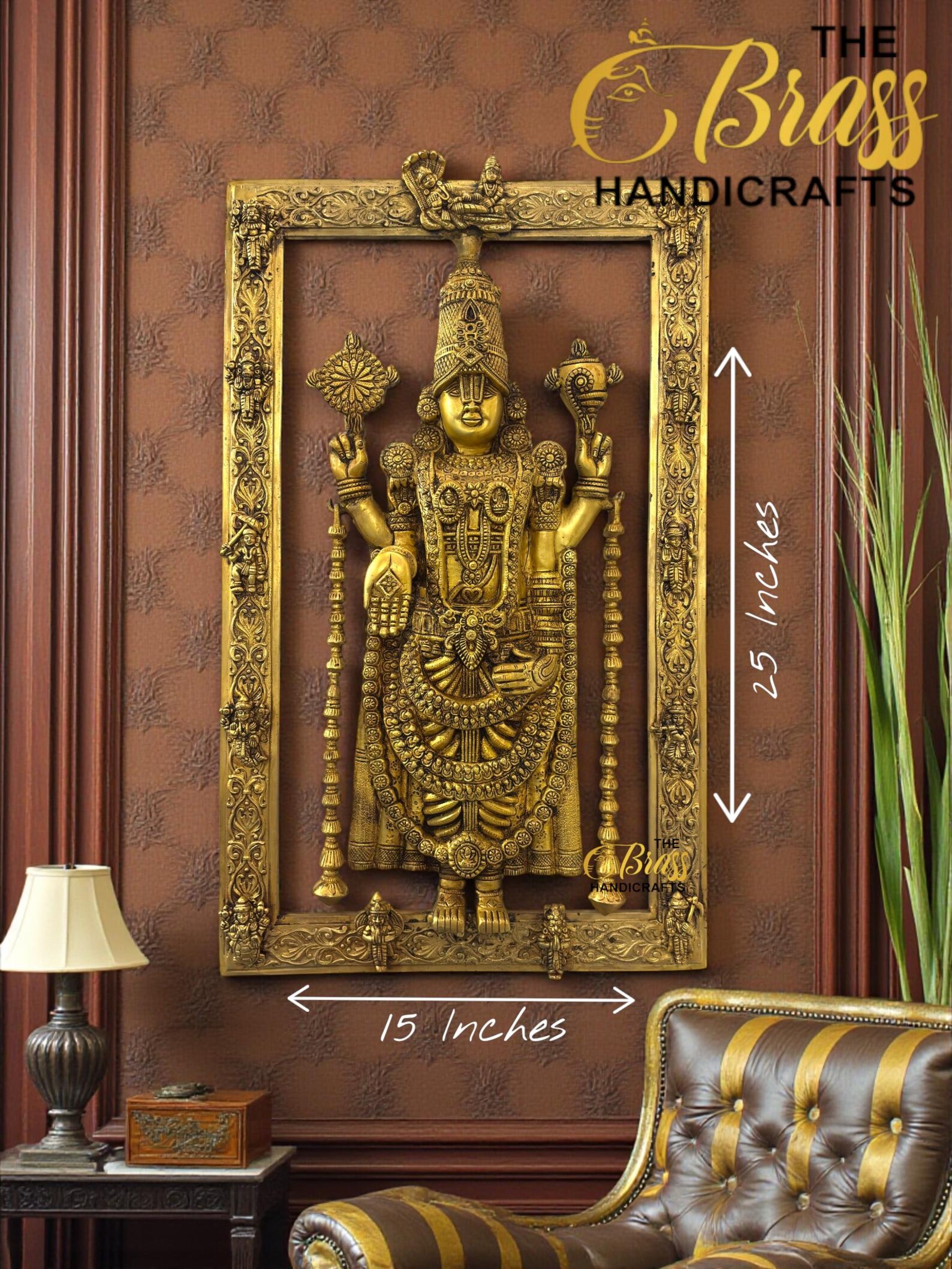 Brass Tirupati Balaji with vishnu Dasavataram, Hanuman, Garuda & Vishnu Lakshmi on frame in pure brass for home, wall decor, office decor - Image 2
