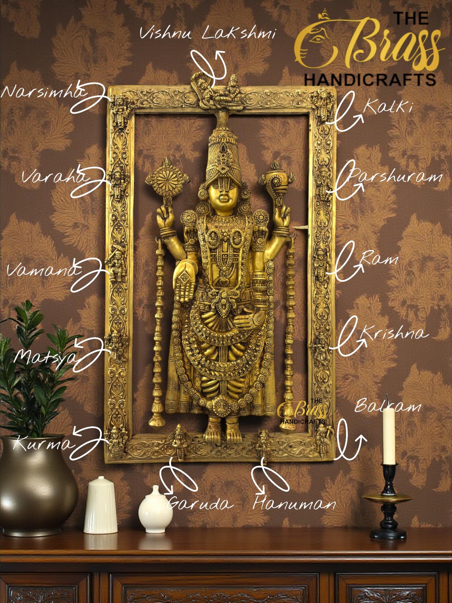 Brass Tirupati Balaji with vishnu Dasavataram, Hanuman, Garuda & Vishnu Lakshmi on frame in pure brass for home, wall decor, office decor - Image 3
