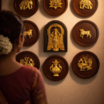 set of 9, wooden frames with brass motifs