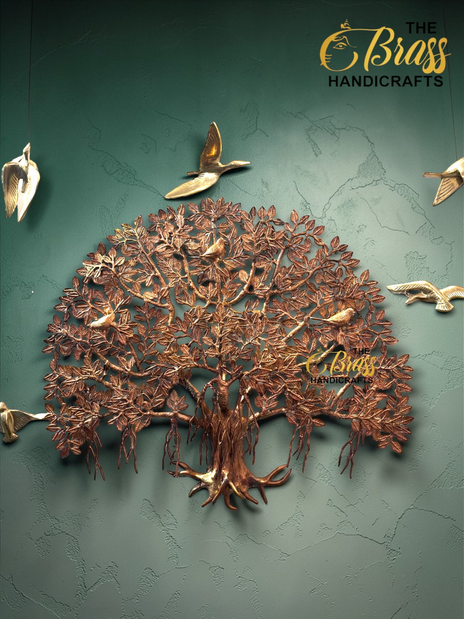 Pure Brass Kalpavriksha Tree of Life Wall Decor with Hanging Birds, Large Brass Wall Art, Indian Tree of Life, Luxury Home Office Restaurant Decor