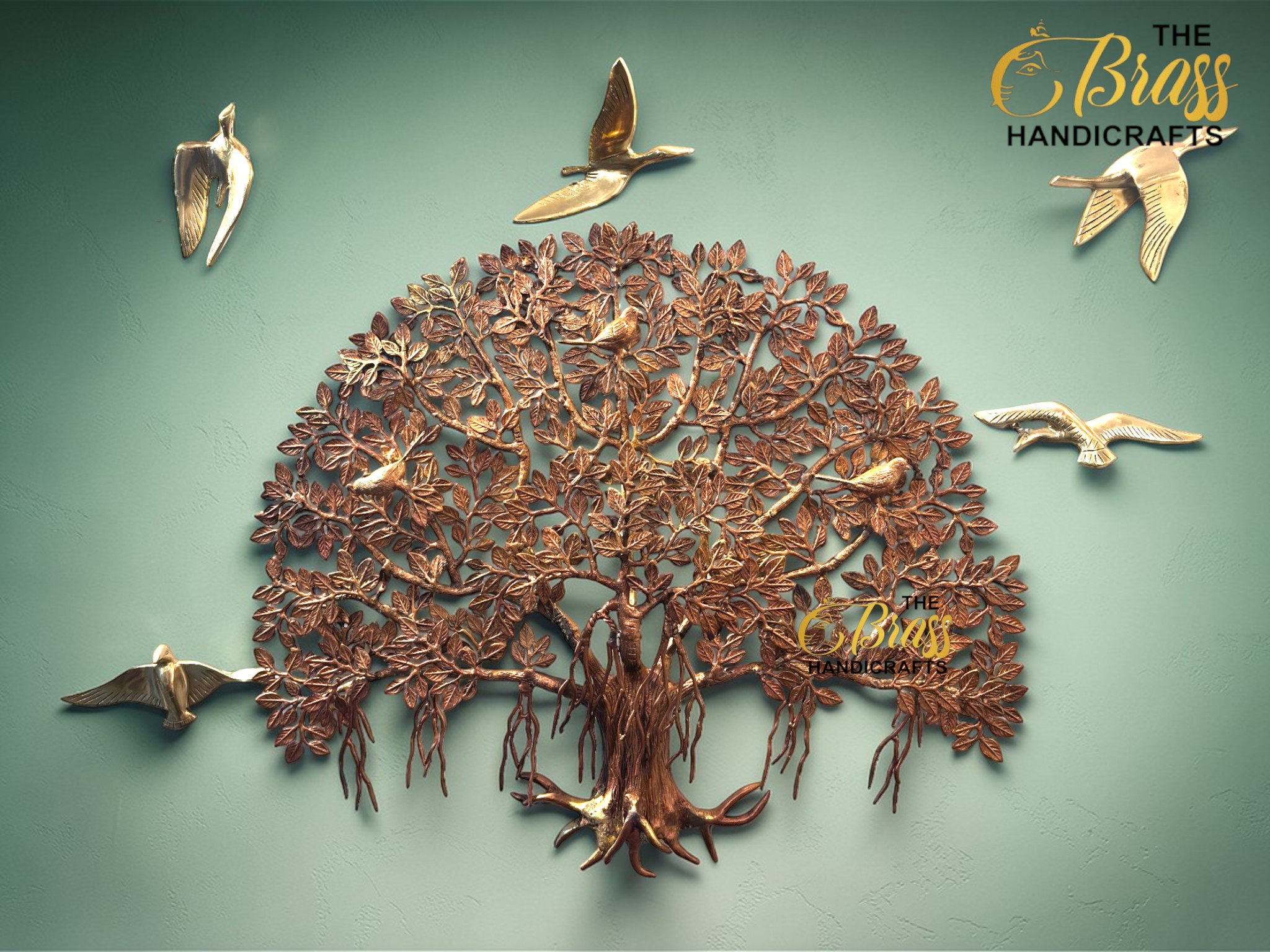 Pure Brass Kalpavriksha Tree of Life Wall Decor with Hanging Birds, Large Brass Wall Art, Indian Tree of Life, Luxury Home Office Restaurant Decor