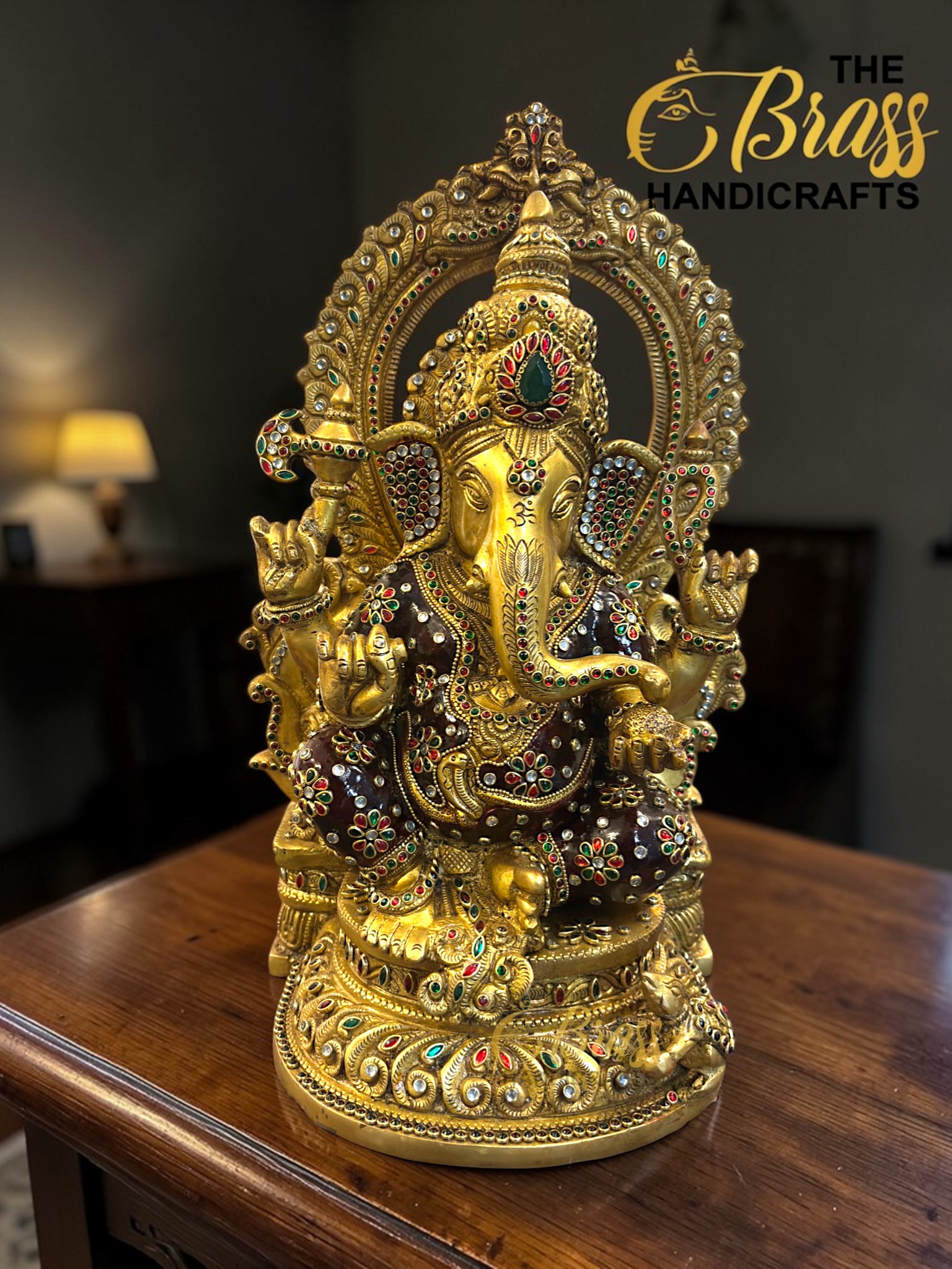 Kundan Work Brass Ganesha Idol – Handcrafted Brass Ganpati Statue for Home