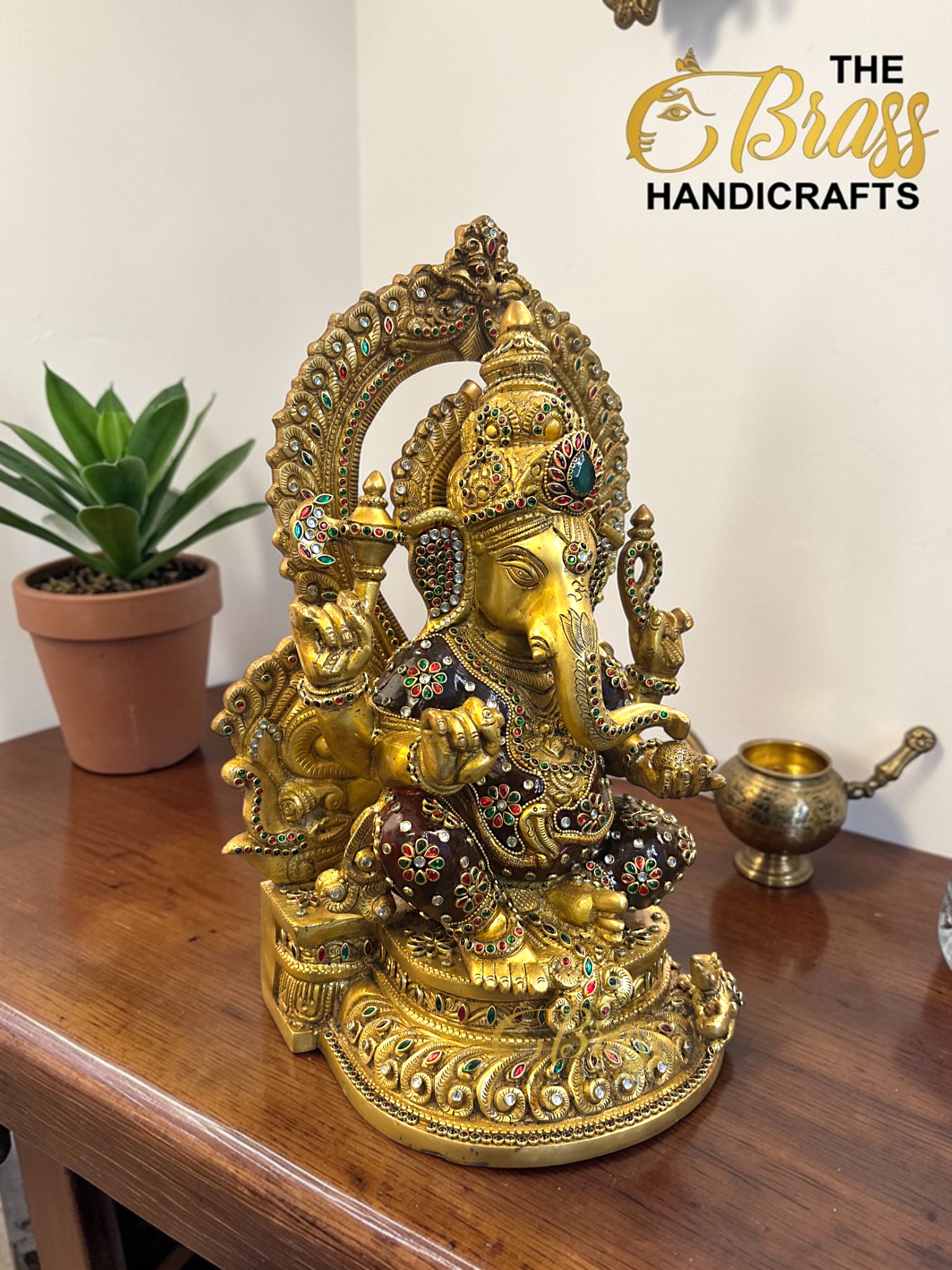 Kundan Work Brass Ganesha Idol – Handcrafted Brass Ganpati Statue for Home