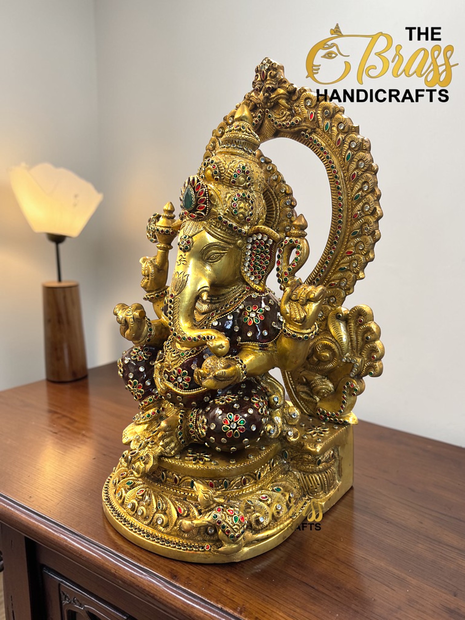 Kundan Work Brass Ganesha Idol – Handcrafted Brass Ganpati Statue for Home