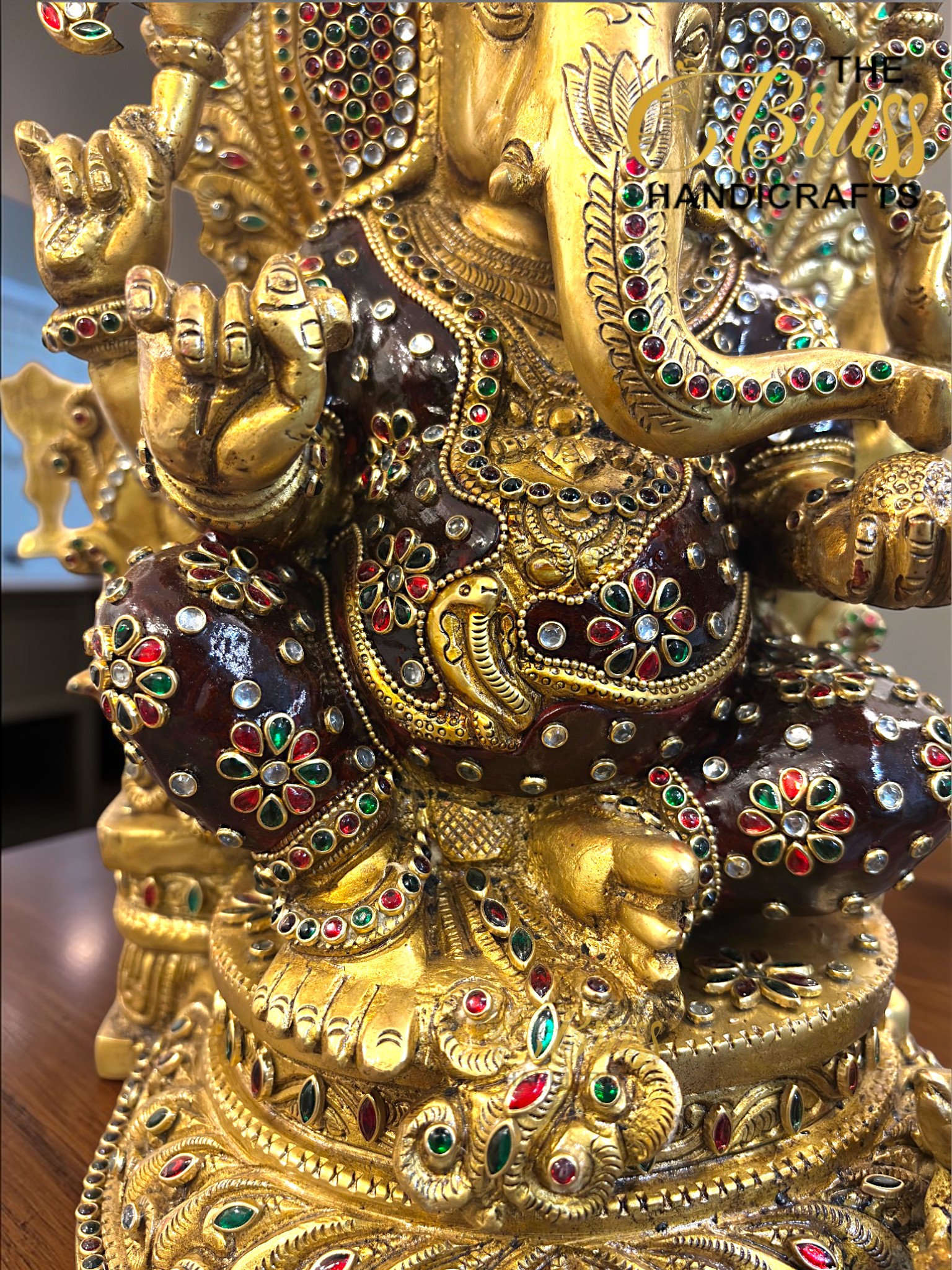 Kundan Work Brass Ganesha Idol – Handcrafted Brass Ganpati Statue for Home