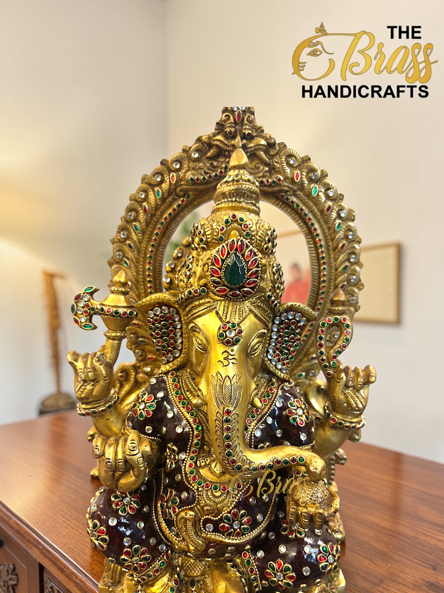 Kundan Work Brass Ganesha Idol – Handcrafted Brass Ganpati Statue for Home