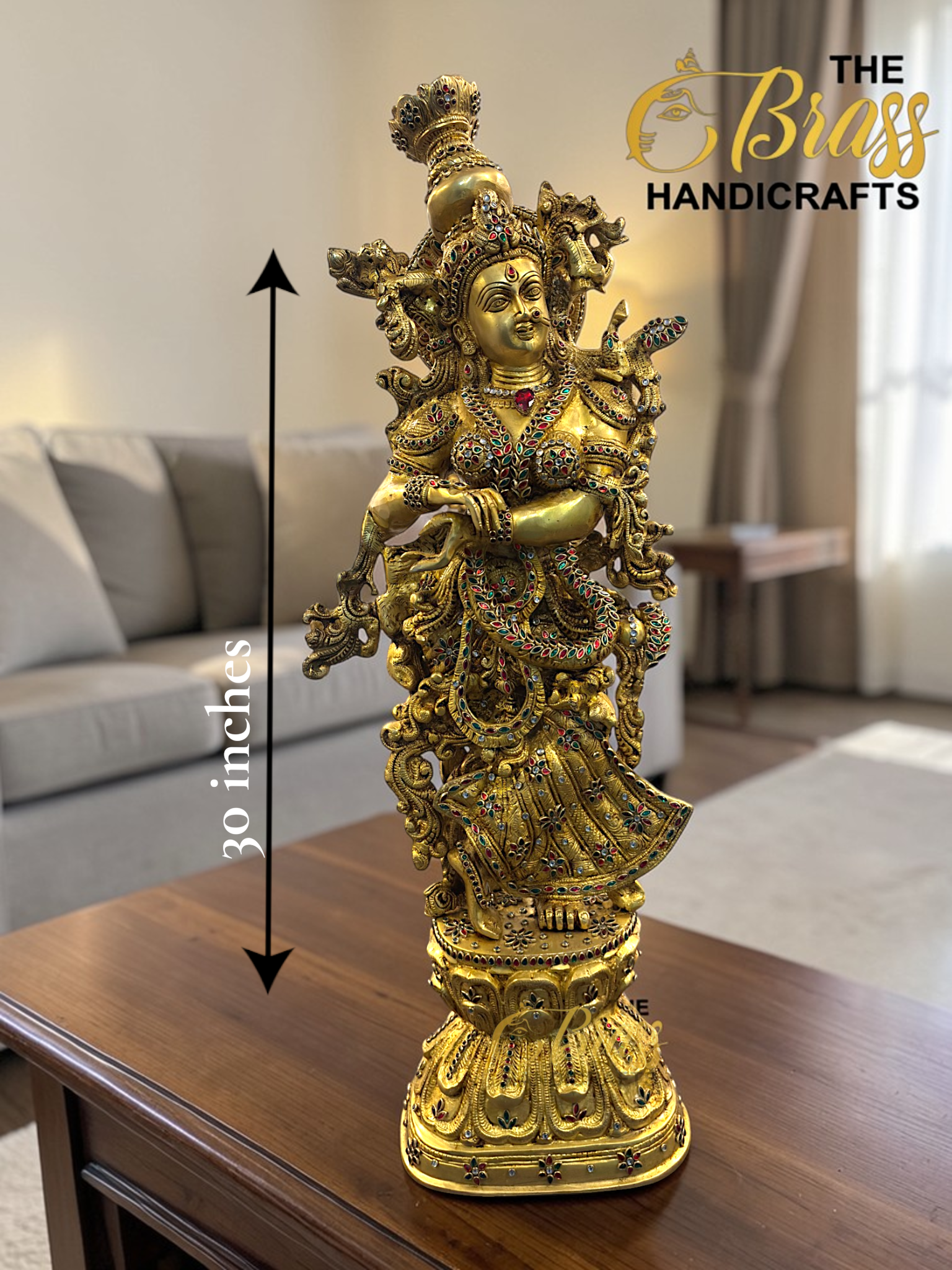 Pure Brass Radha Rani Idol with Intricate Kundan Jewellery Work – 30 Inch Premium Handmade Statue for Home & Temple Decor