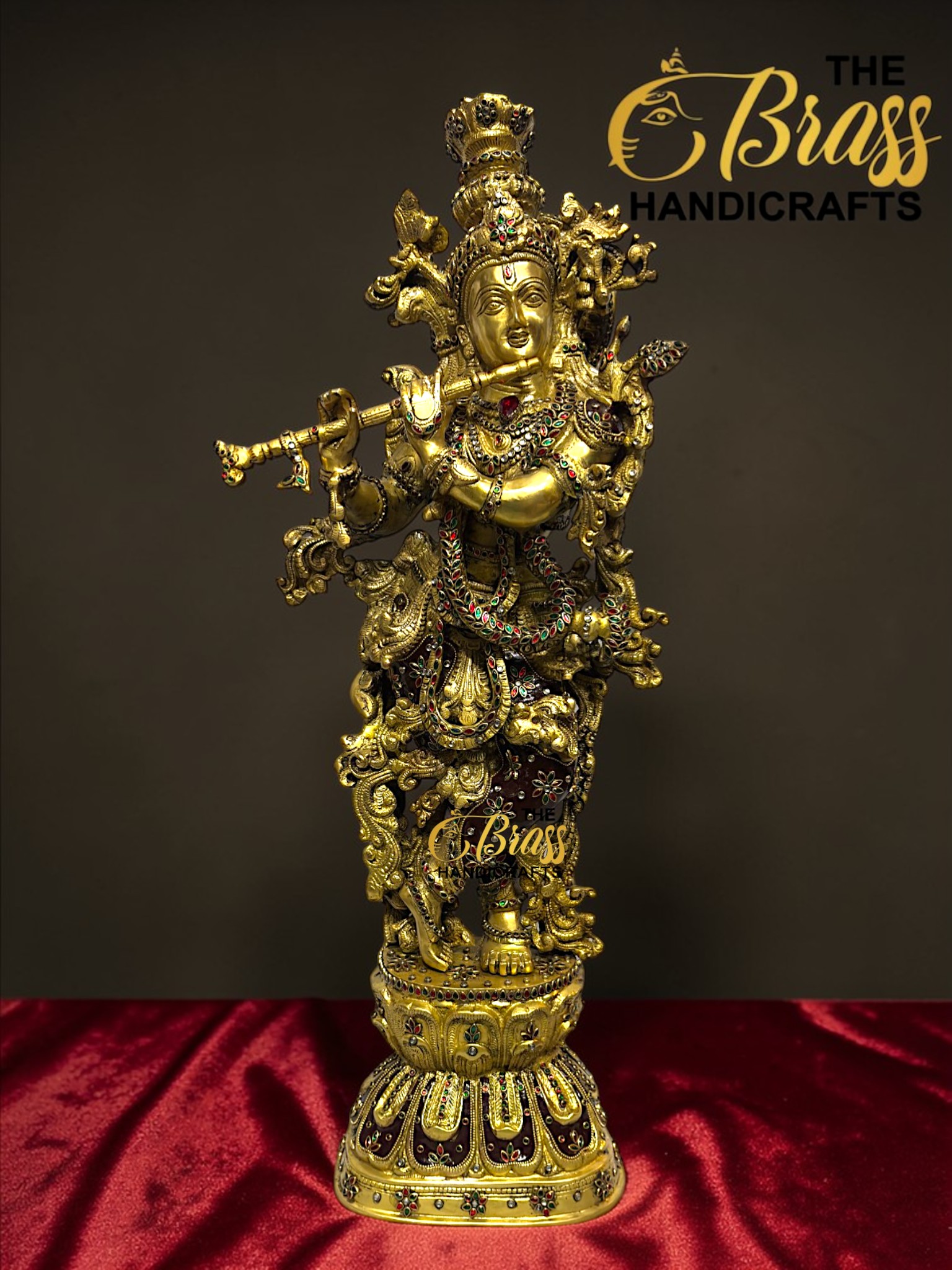 Large Brass Krishna Statue with Kundan Work – 30 Inch Rare Lord Krishna Idol – Luxury Hindu God Sculpture for Puja Room, Temple Decor, Home Decor & Spiritual Gifting  thebrasshandicrafts.com