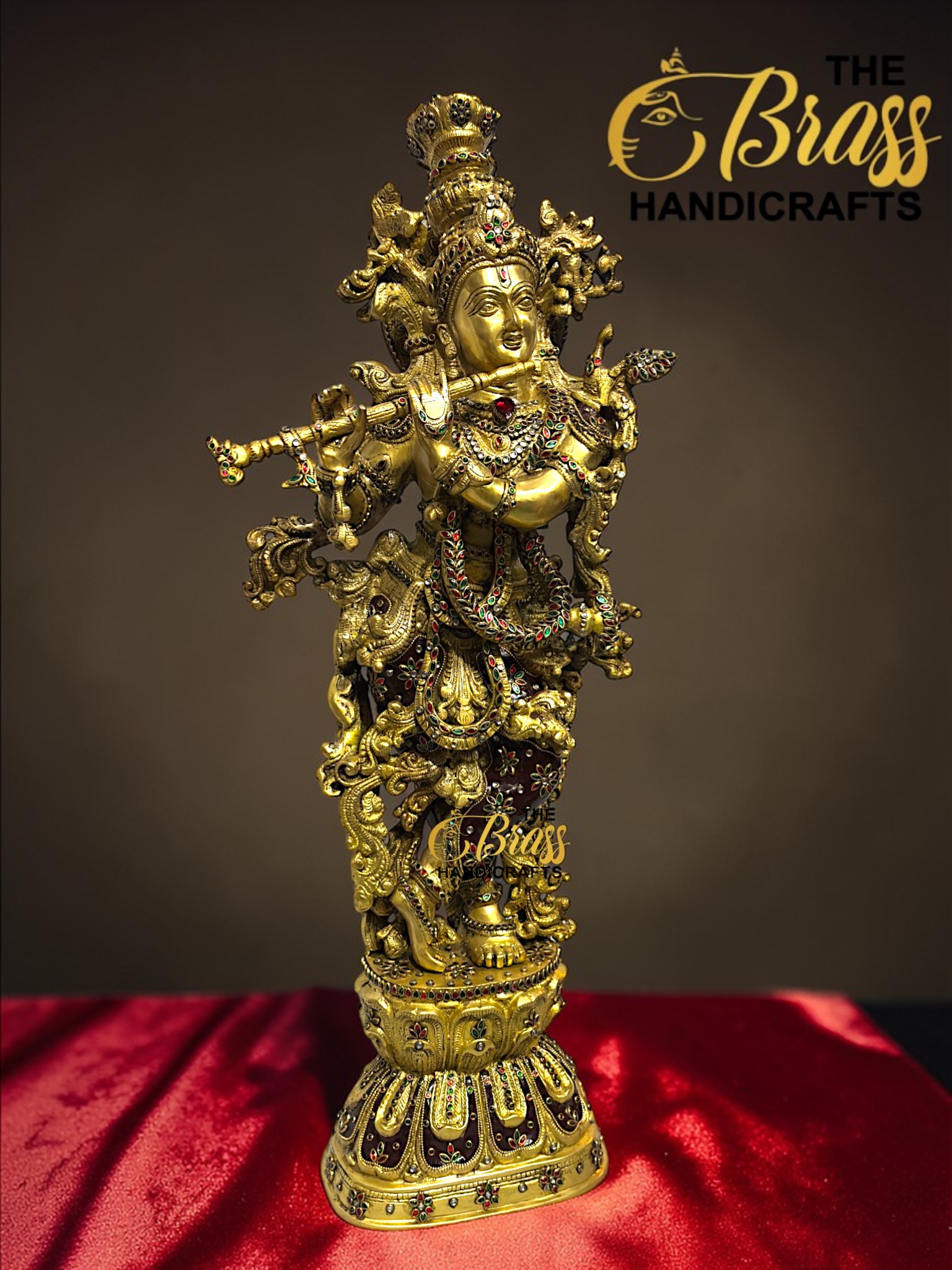 Large Brass Krishna Statue with Kundan Work – 30 Inch Rare Lord Krishna Idol – Luxury Hindu God Sculpture for Puja Room, Temple Decor, Home Decor & Spiritual Gifting  thebrasshandicrafts.com