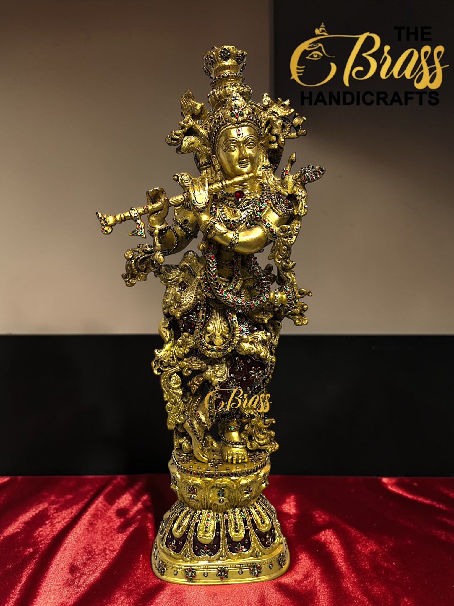 Large Brass Krishna Statue with Kundan Work – 30 Inch Rare Lord Krishna Idol – Luxury Hindu God Sculpture for Puja Room, Temple Decor, Home Decor & Spiritual Gifting  thebrasshandicrafts.com