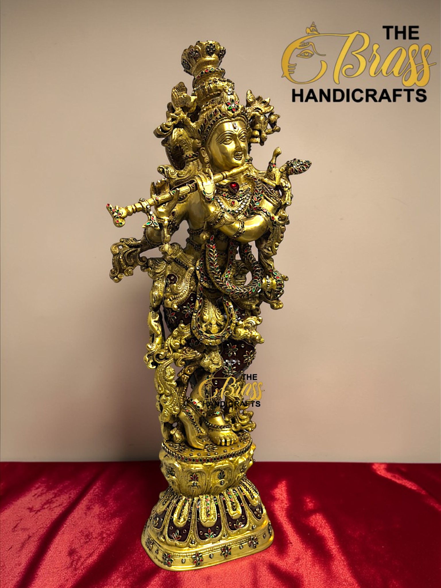 Large Brass Krishna Statue with Kundan Work – 30 Inch Rare Lord Krishna Idol – Luxury Hindu God Sculpture for Puja Room, Temple Decor, Home Decor & Spiritual Gifting  thebrasshandicrafts.com
