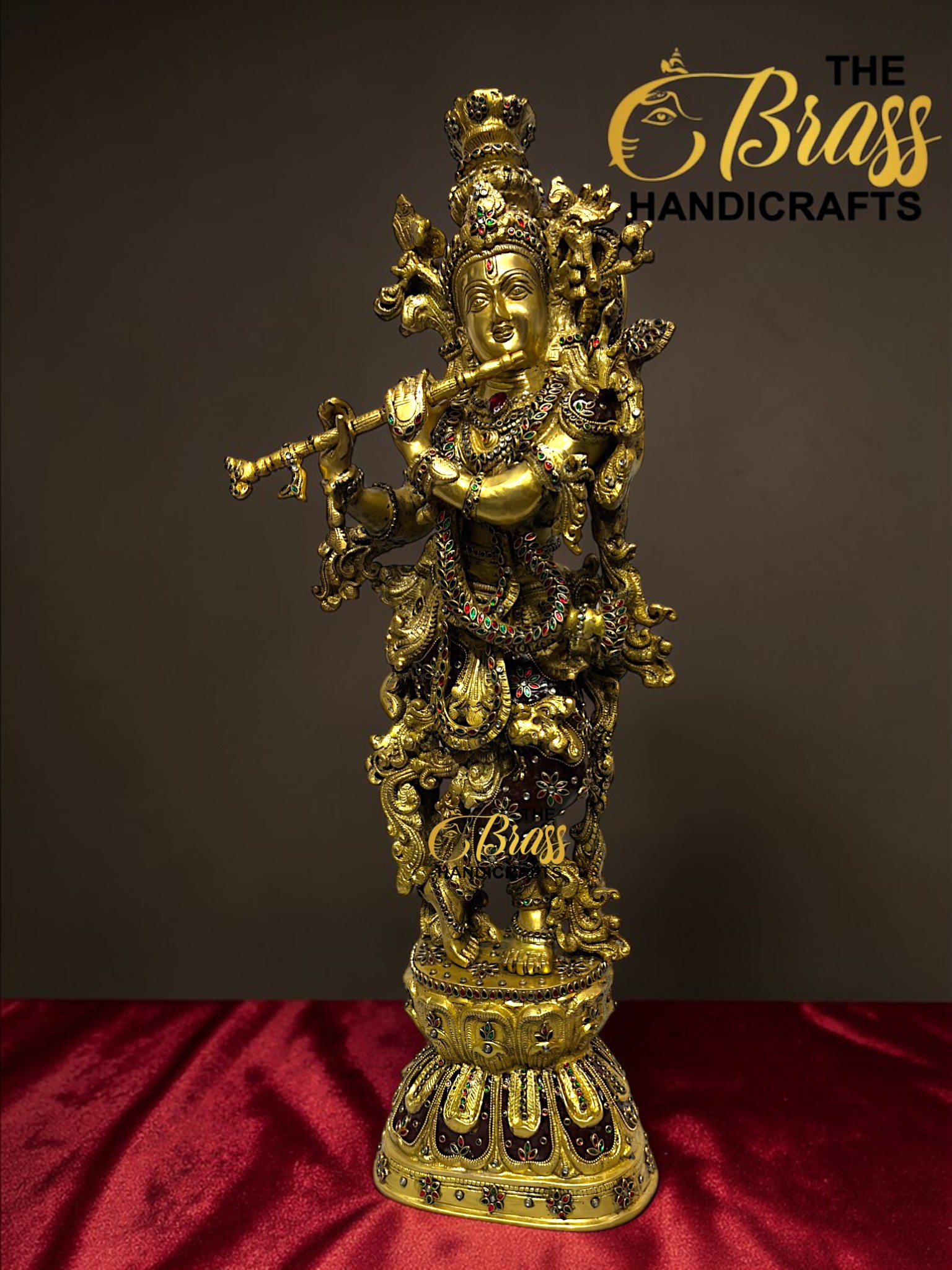 Large Brass Krishna Statue with Kundan Work – 30 Inch Rare Lord Krishna Idol – Luxury Hindu God Sculpture for Puja Room, Temple Decor, Home Decor & Spiritual Gifting  thebrasshandicrafts.com