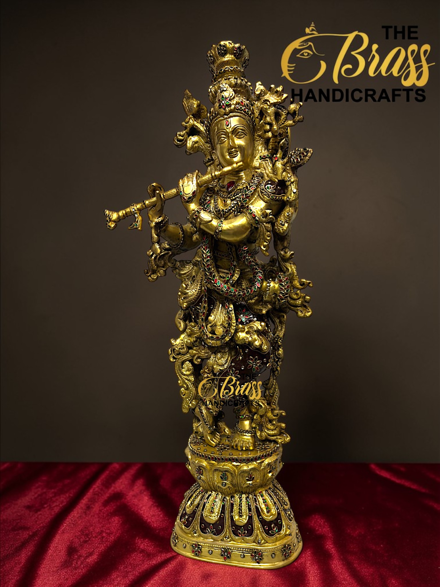 Large Brass Krishna Statue with Kundan Work – 30 Inch Rare Lord Krishna Idol – Luxury Hindu God Sculpture for Puja Room, Temple Decor, Home Decor & Spiritual Gifting  thebrasshandicrafts.com