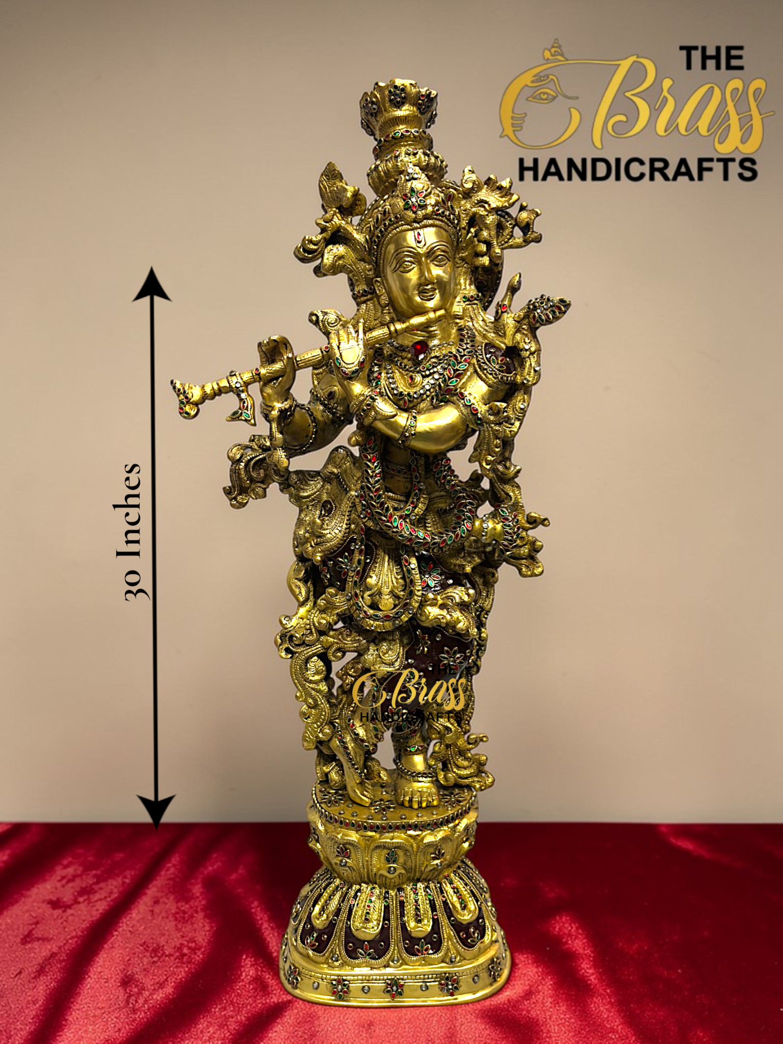 Large Brass Krishna Statue with Kundan Work – 30 Inch Rare Lord Krishna Idol – Luxury Hindu God Sculpture for Puja Room, Temple Decor, Home Decor & Spiritual Gifting  thebrasshandicrafts.com
