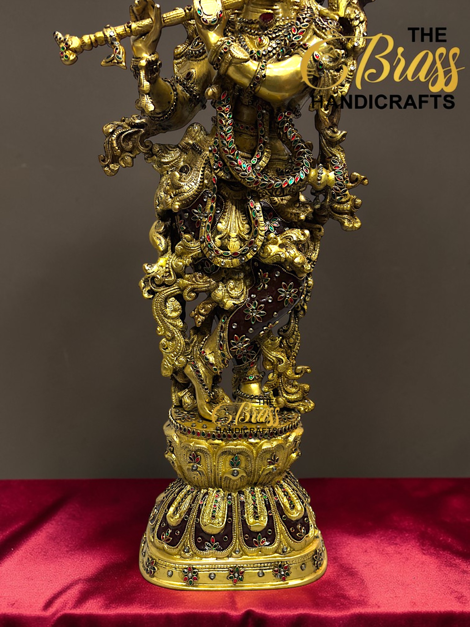 Large Brass Krishna Statue with Kundan Work – 30 Inch Rare Lord Krishna Idol – Luxury Hindu God Sculpture for Puja Room, Temple Decor, Home Decor & Spiritual Gifting  thebrasshandicrafts.com