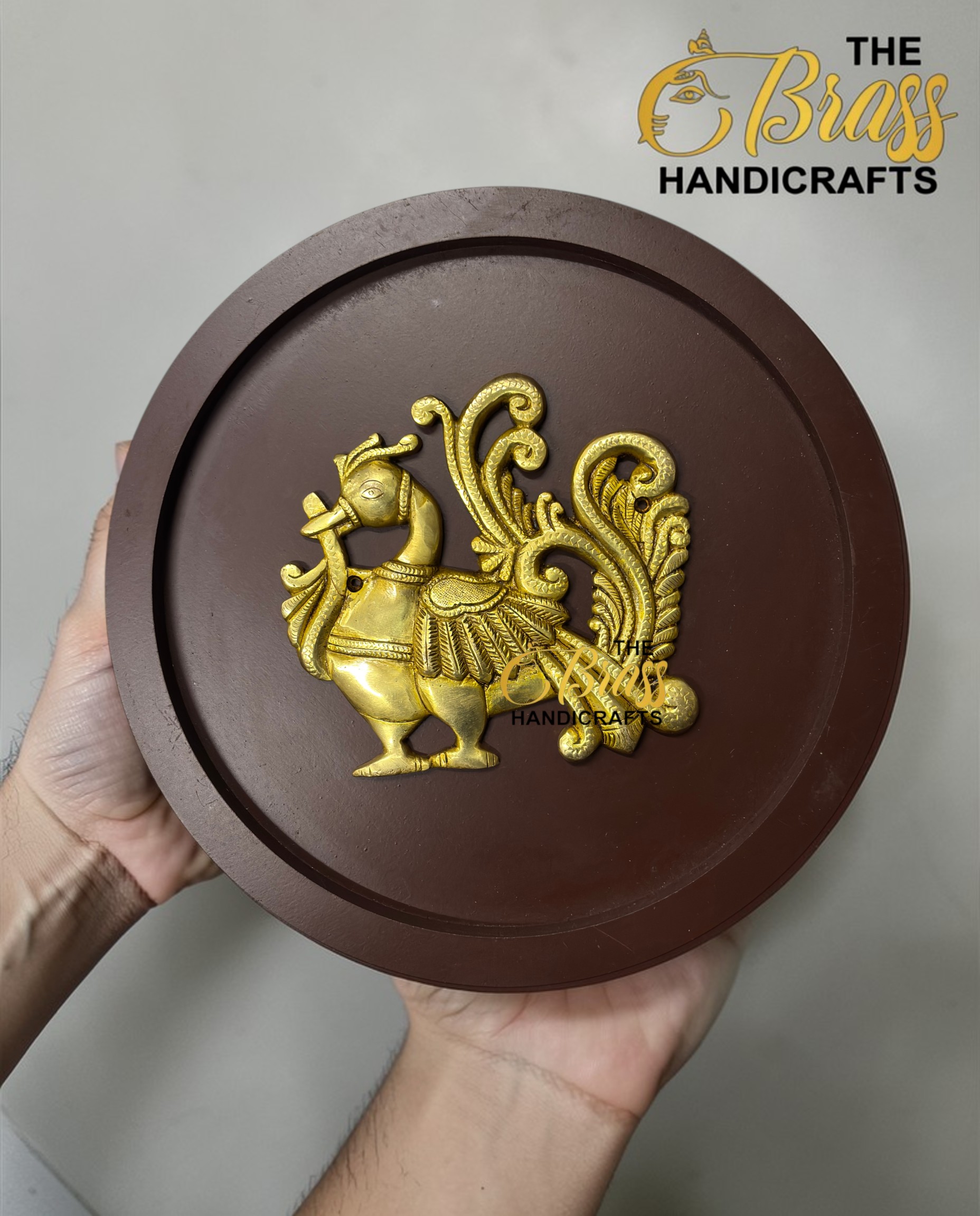 set of 9, wooden frames with brass motifs