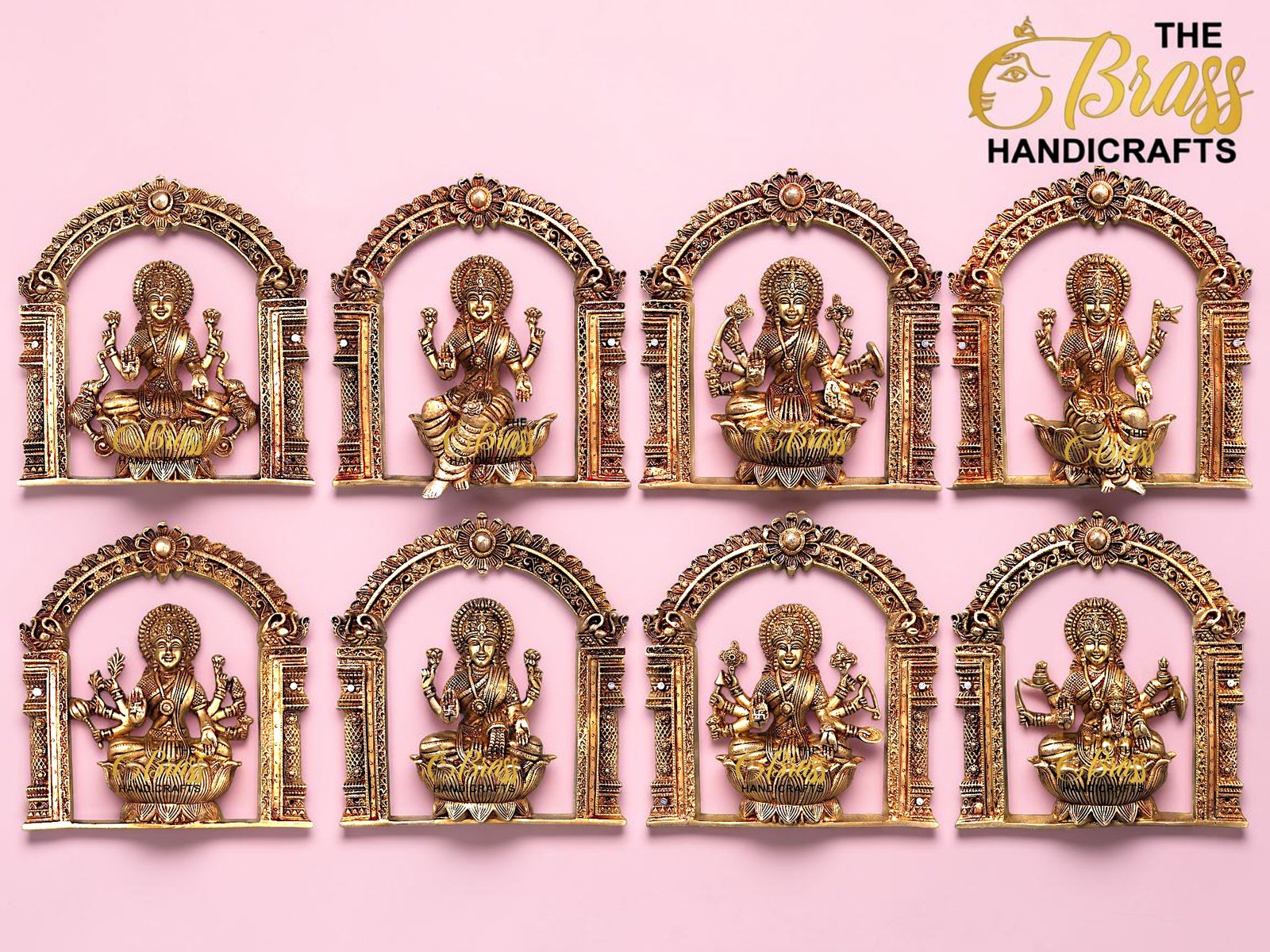 Row of gold brass Hindu deities in decorative arches against a pink background, with a 'The Brass Handicrafts' logo in the corner.  thebrasshandicrafts.com