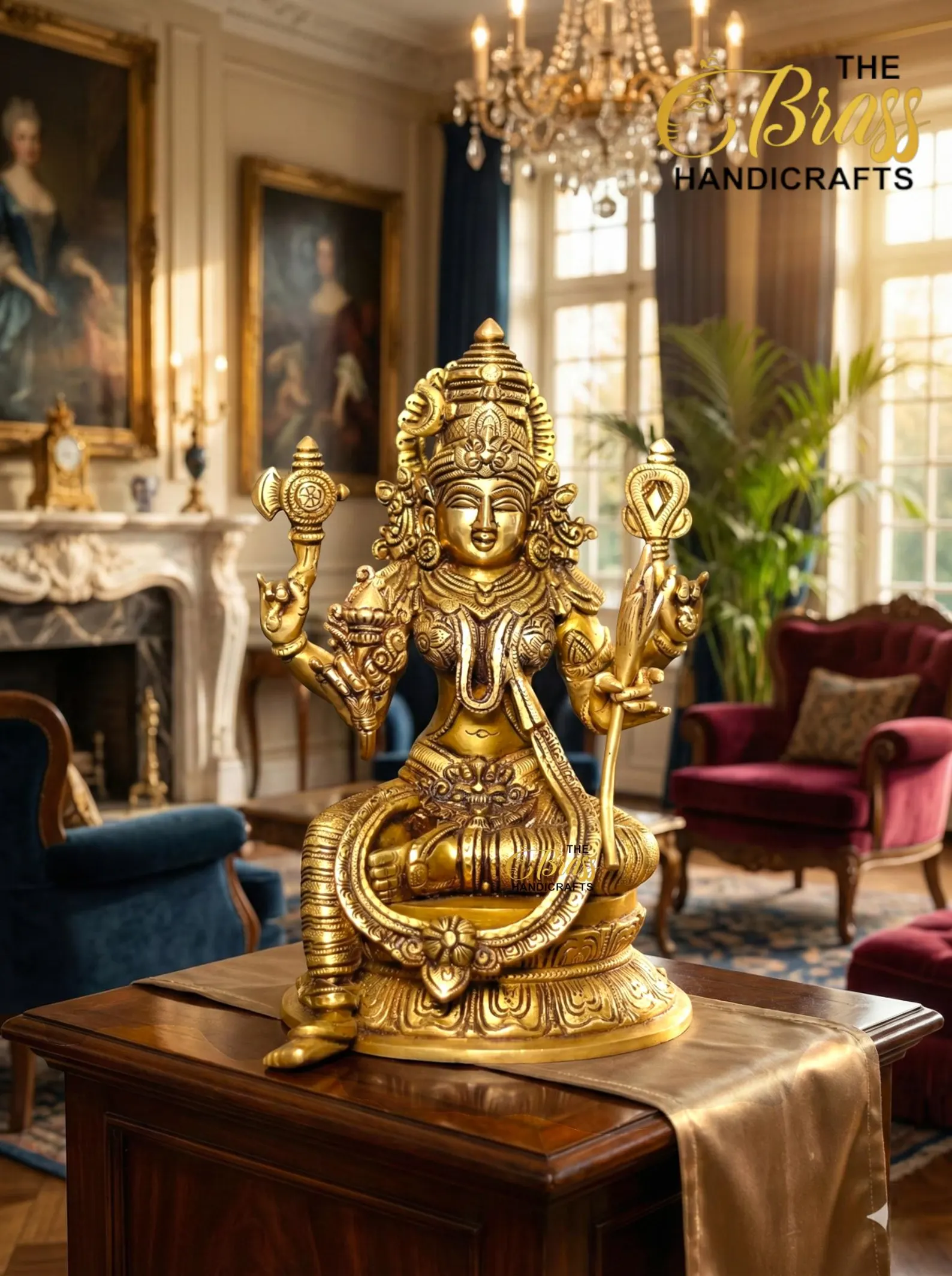 il_1588xN7607204836_ieyt - thebrasshandicrafts.com Golden Hindu deity statue with multiple arms on a pedestal, set in a luxurious living room with chandeliers and paintings in the background. thebrasshandicrafts.com