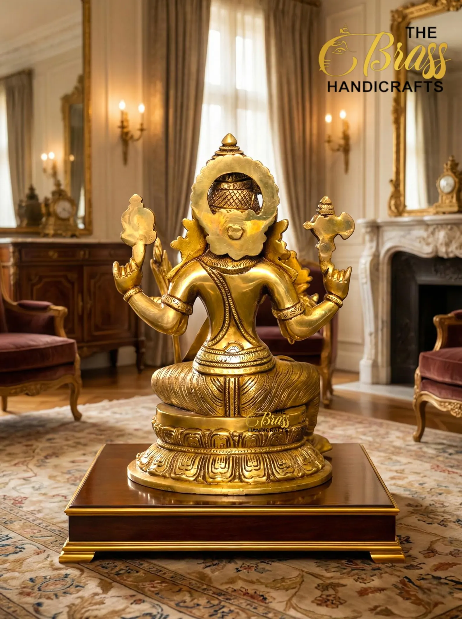 il_1588xN7607204838_bnhy - thebrasshandicrafts.com Gold deity statue with multiple arms on a carved pedestal in a lavish antique-filled room with mirrors and chandeliers. thebrasshandicrafts.com