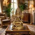 il_1588xN7607207592_csl3 - thebrasshandicrafts.com Golden multi-armed deity statue on a carved wooden table in an ornate living room. thebrasshandicrafts.com