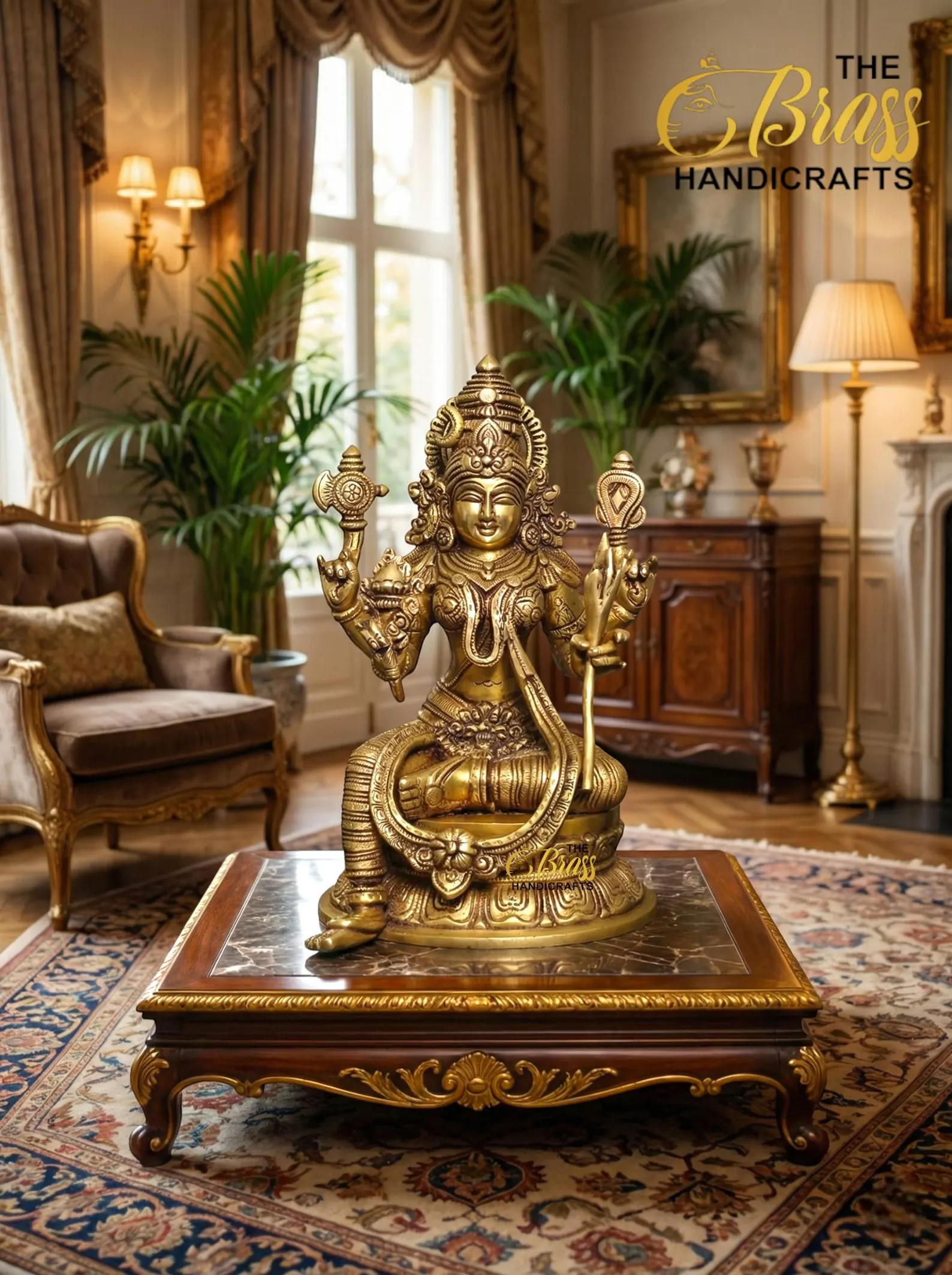 il_1588xN7607207592_csl3 - thebrasshandicrafts.com Golden multi-armed deity statue on a carved wooden table in an ornate living room. thebrasshandicrafts.com