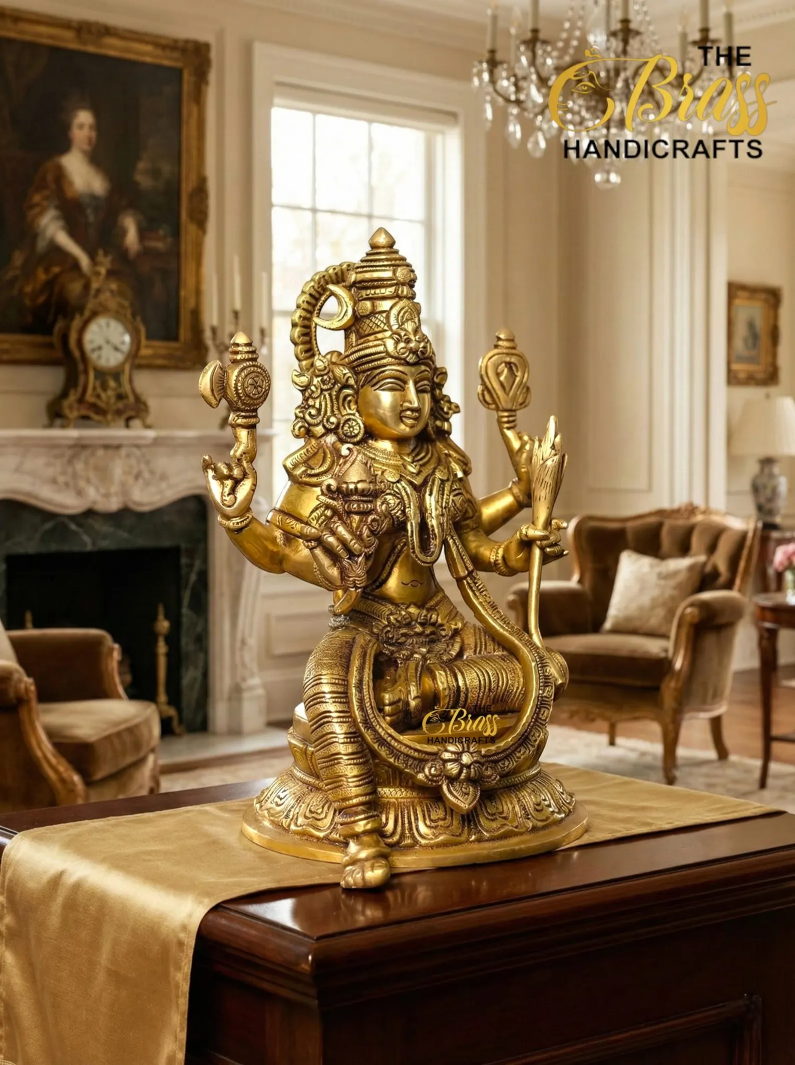 il_1588xN7655146345_4koo - thebrasshandicrafts.com Gold ornate Hindu deity statue with multiple arms on a piano in a luxurious living room, chandelier and classical decor in background. thebrasshandicrafts.com